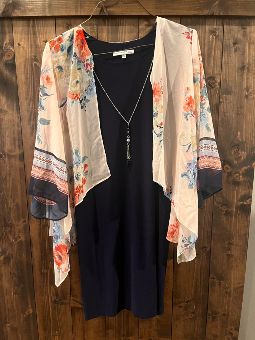 Studio One Navy Dress with Blush Floral Sheer Kimono